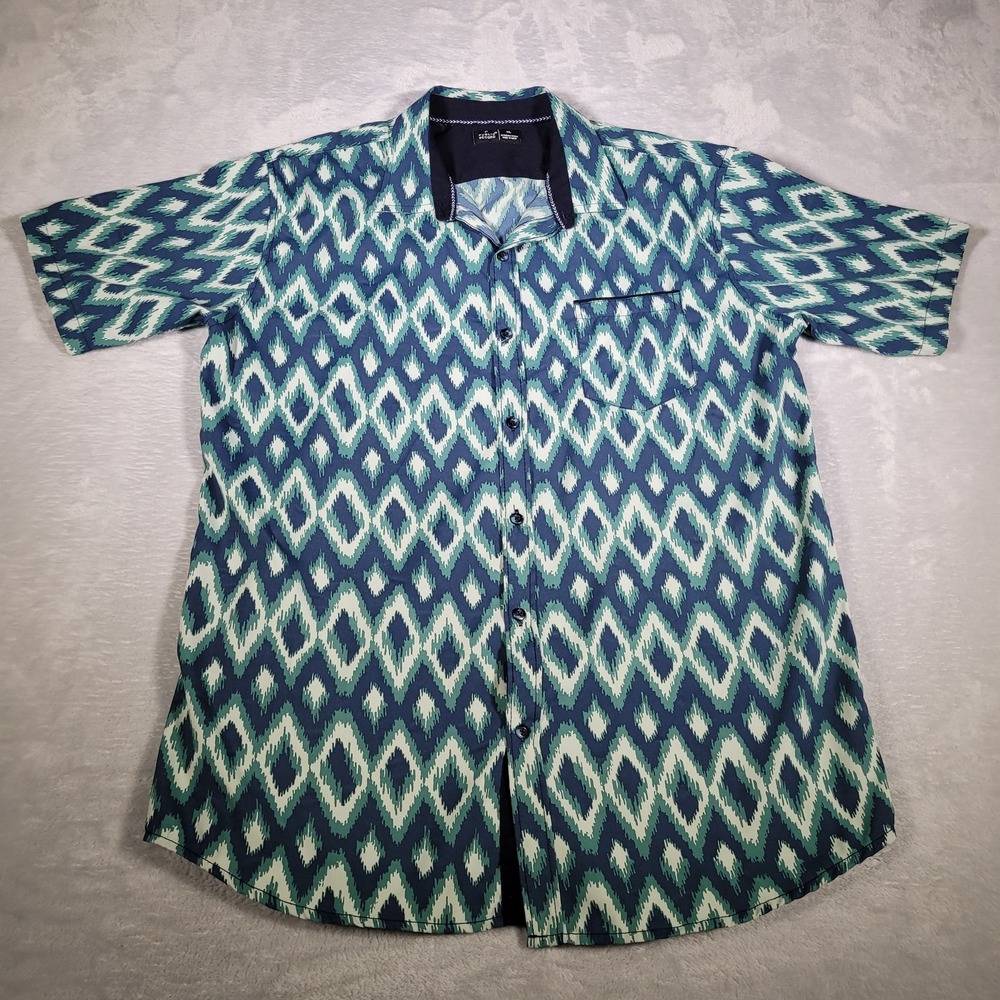 Public Record Shirt Mens XL Teal Blue Ikat Print‎ Button Up Short Sleeve Pocket